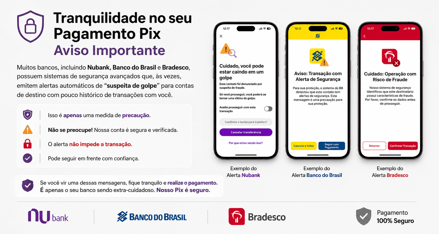 Aviso importante sobre alertas de segurança de bancos no pagamento via PIX